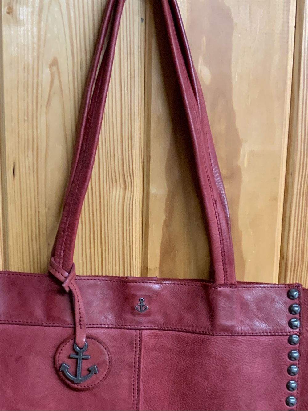 Stud-Trim Red Leather Tote with Anchor Charm - Picture 3 of 6